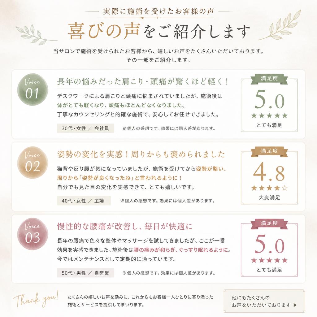 お客様の声 — 効果を実感した方々の体験談
